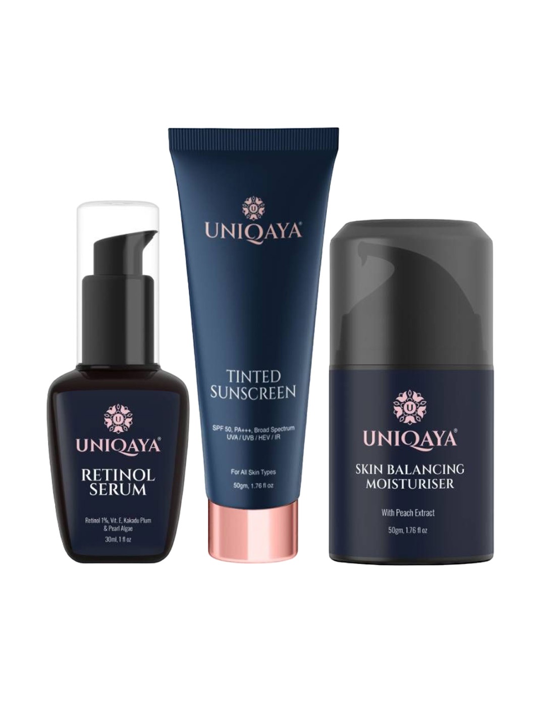 UNIQAYA Skin Care Trio - Retinol Serum, Tinted Sunscreen & Skin Balancing Moisturizer, Blue
UNIQAYA Skin Care Trio - Retinol Serum, Tinted Sunscreen & Skin Balancing Moisturizer, Blue