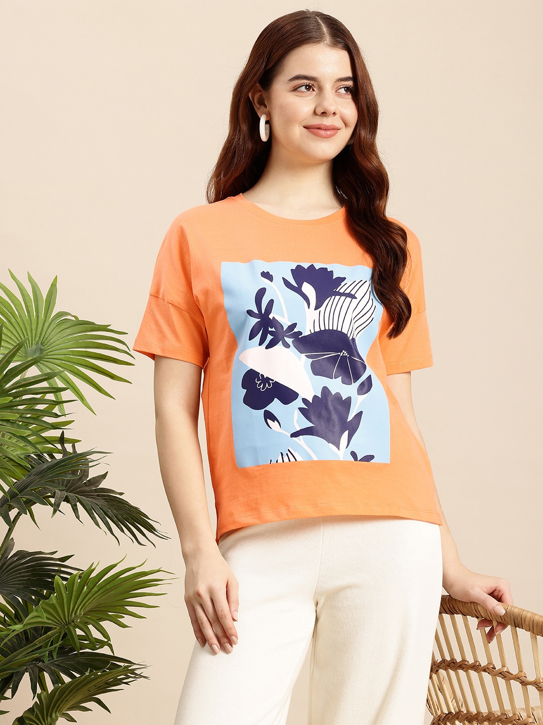 Mast & Harbour Printed Drop-Shoulder Sleeves Pure Cotton Relaxed Fit T-shirt, Orange
Mast & Harbour Printed Drop-Shoulder Sleeves Pure Cotton Relaxed Fit T-shirt, Orange