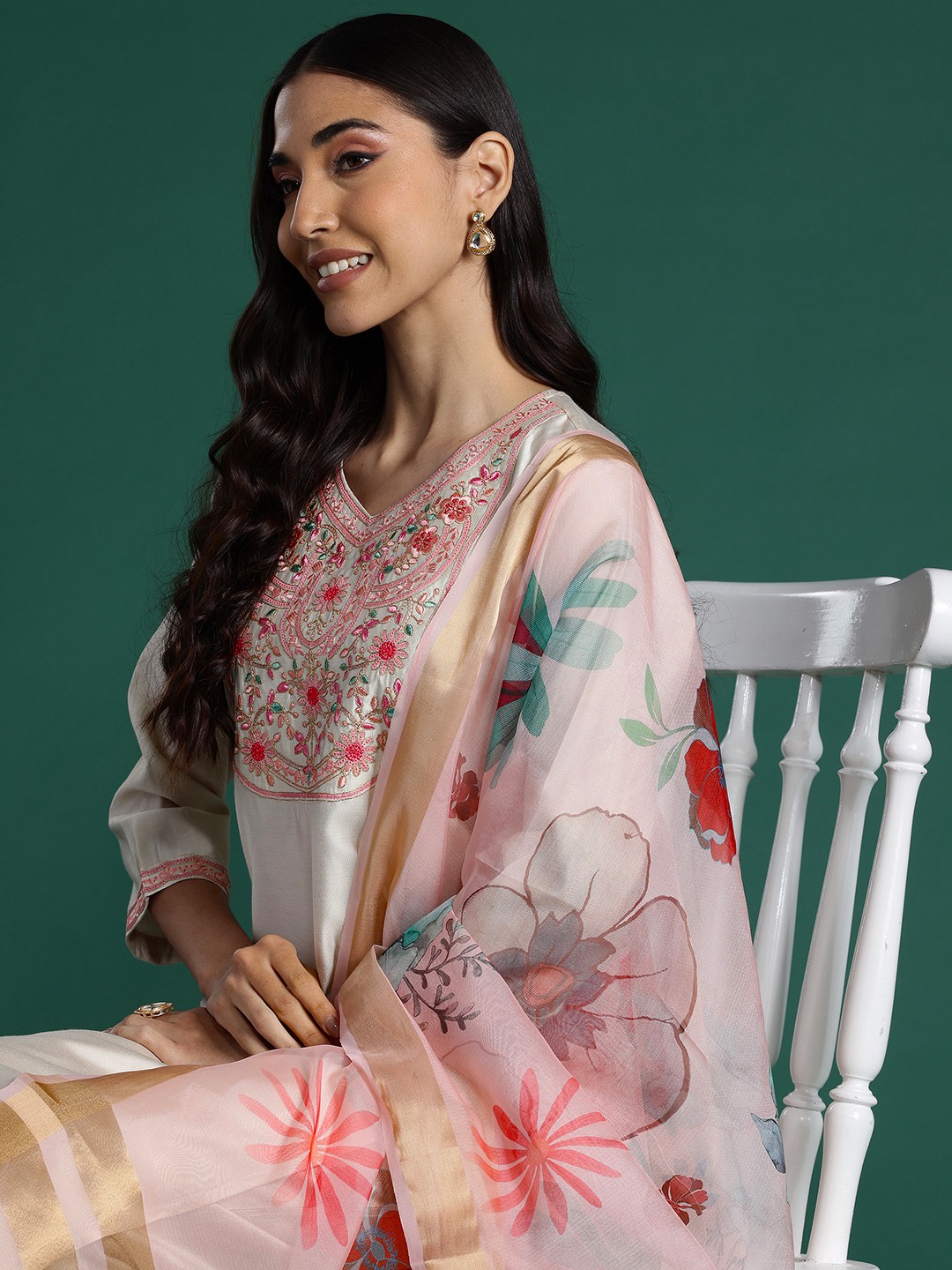 Indo Era Floral Embroidered Thread Work Liva Kurta With Trousers & Dupatta, Off white
Indo Era Floral Embroidered Thread Work Liva Kurta With Trousers & Dupatta, Off white