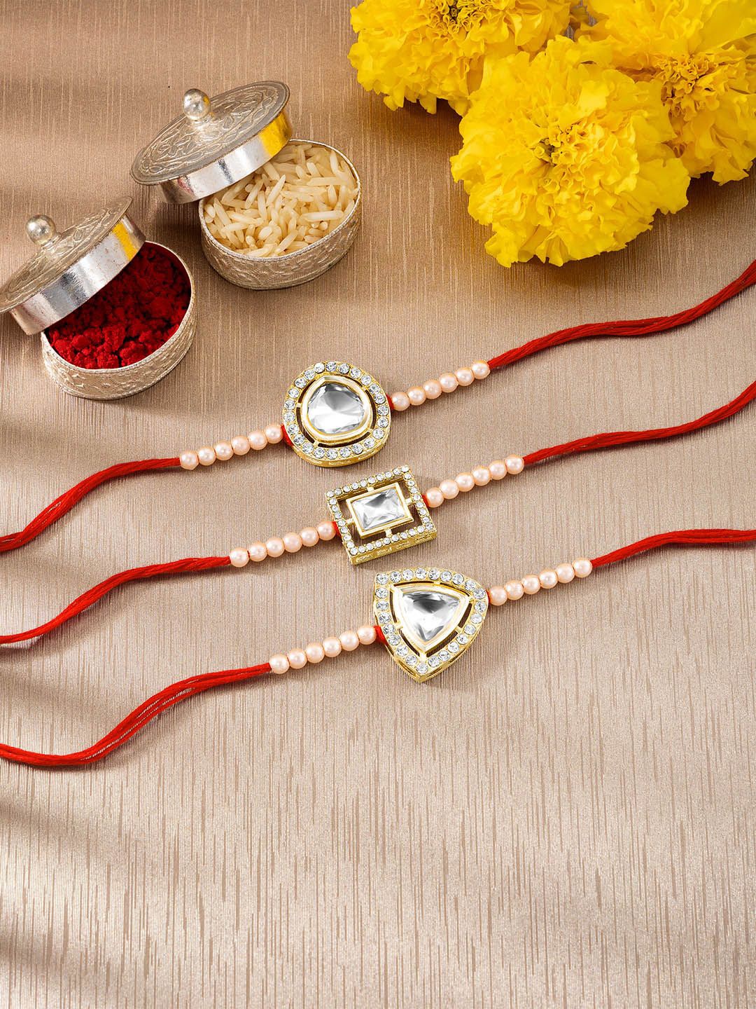 Peora Set Of 3 Kundan Studded & Beaded Thread Rakhis With Roli Chawal & Greeting Card, White
Peora Set Of 3 Kundan Studded & Beaded Thread Rakhis With Roli Chawal & Greeting Card, White