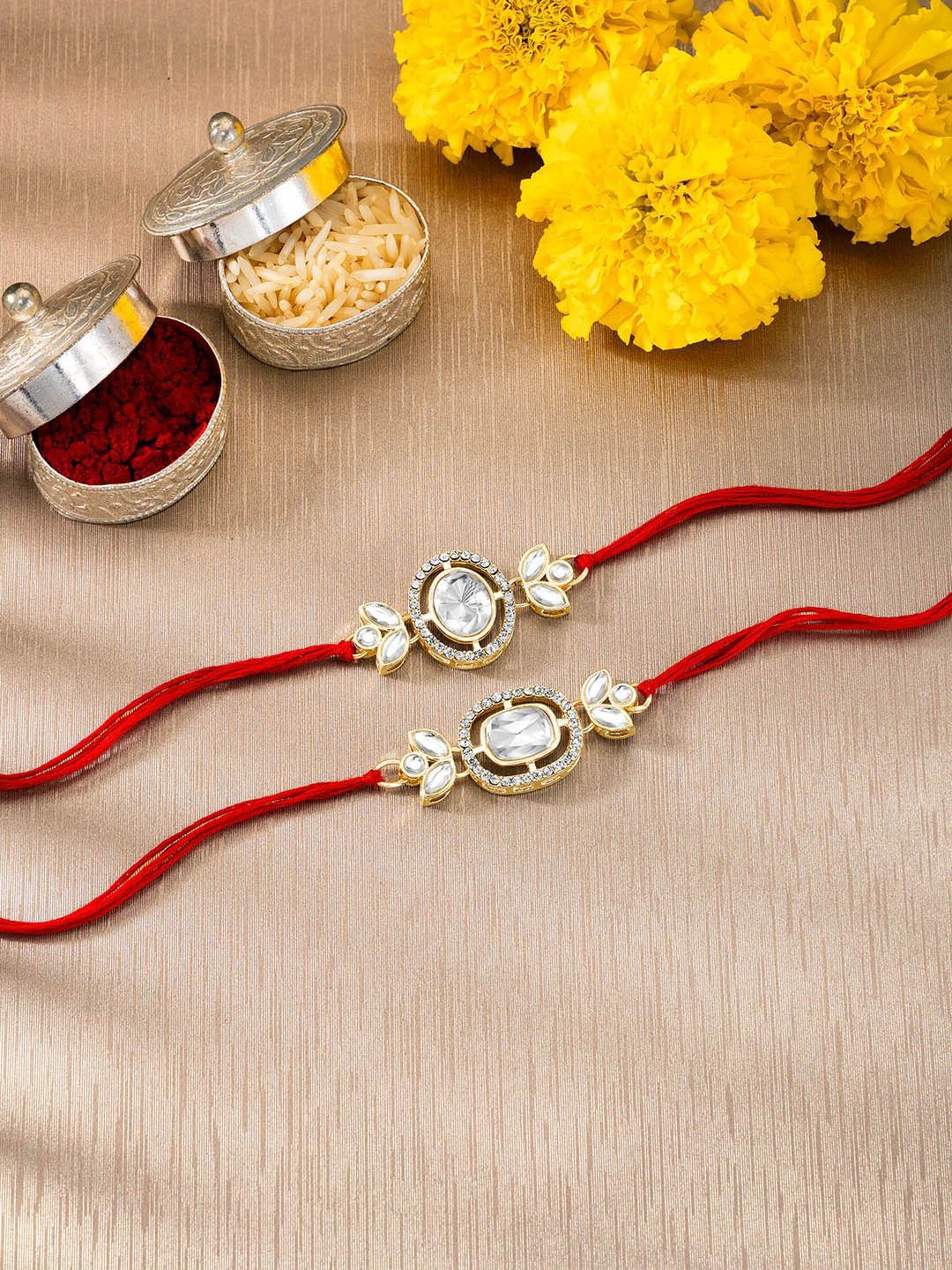 Peora Set Of 2 Stones Studded & Beaded Thread Rakhis With Roli Chawal & Greeting Card, White
Peora Set Of 2 Stones Studded & Beaded Thread Rakhis With Roli Chawal & Greeting Card, White