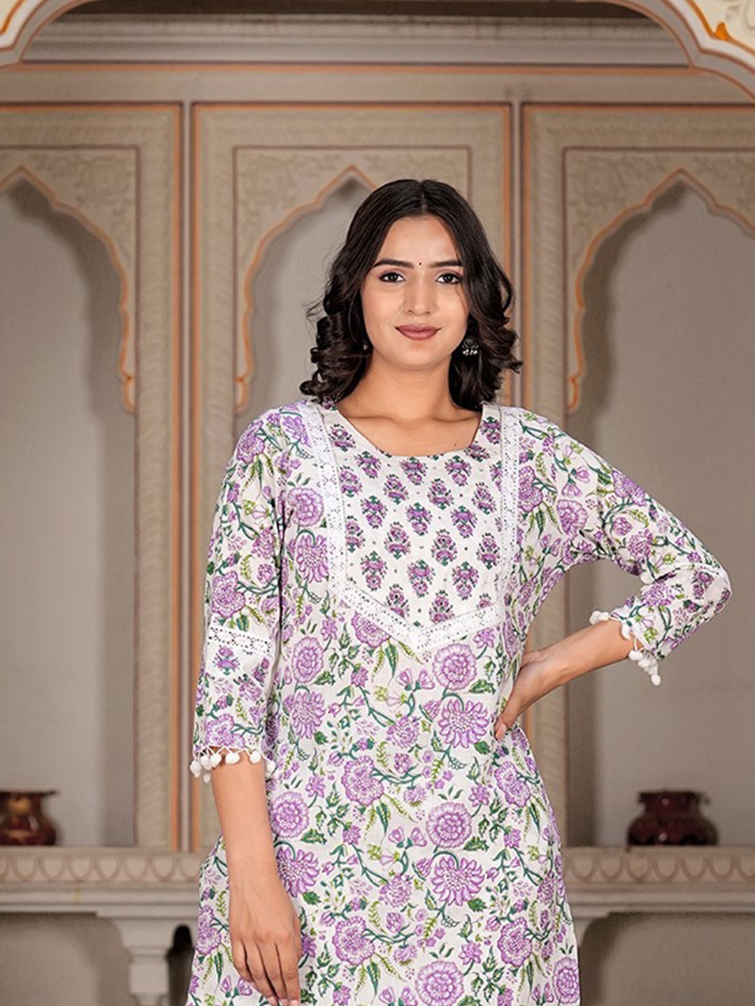 Chandbaali Floral Printed Mirror Work Pure Cotton Straight Kurta With Trousers & Dupatta, White
Chandbaali Floral Printed Mirror Work Pure Cotton Straight Kurta With Trousers & Dupatta, White