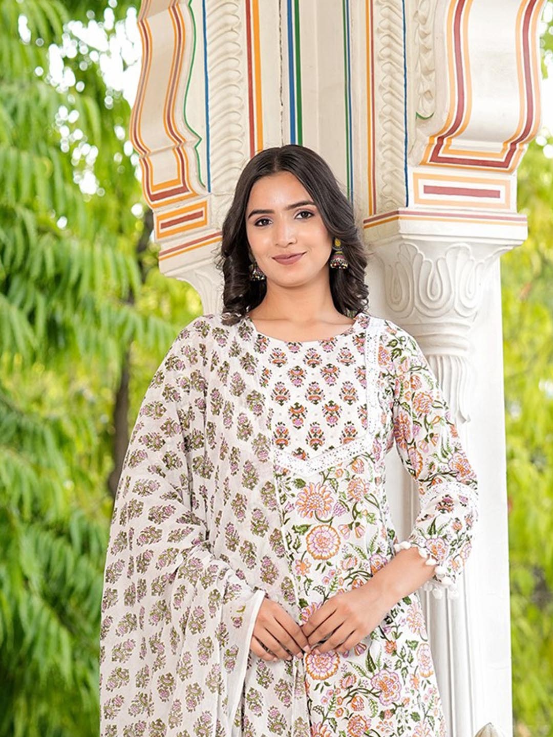 KALINI Floral Printed Regular Mirror Work Pure Cotton Kurta with Trousers & With Dupatta, White
KALINI Floral Printed Regular Mirror Work Pure Cotton Kurta with Trousers & With Dupatta, White