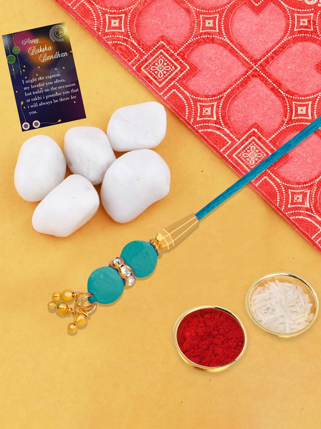 Silver Shine Set of 2 Beaded Thread Rakhi With Roli Chawal & Kankawati Pooja Thali, Gold
Silver Shine Set of 2 Beaded Thread Rakhi With Roli Chawal & Kankawati Pooja Thali, Gold