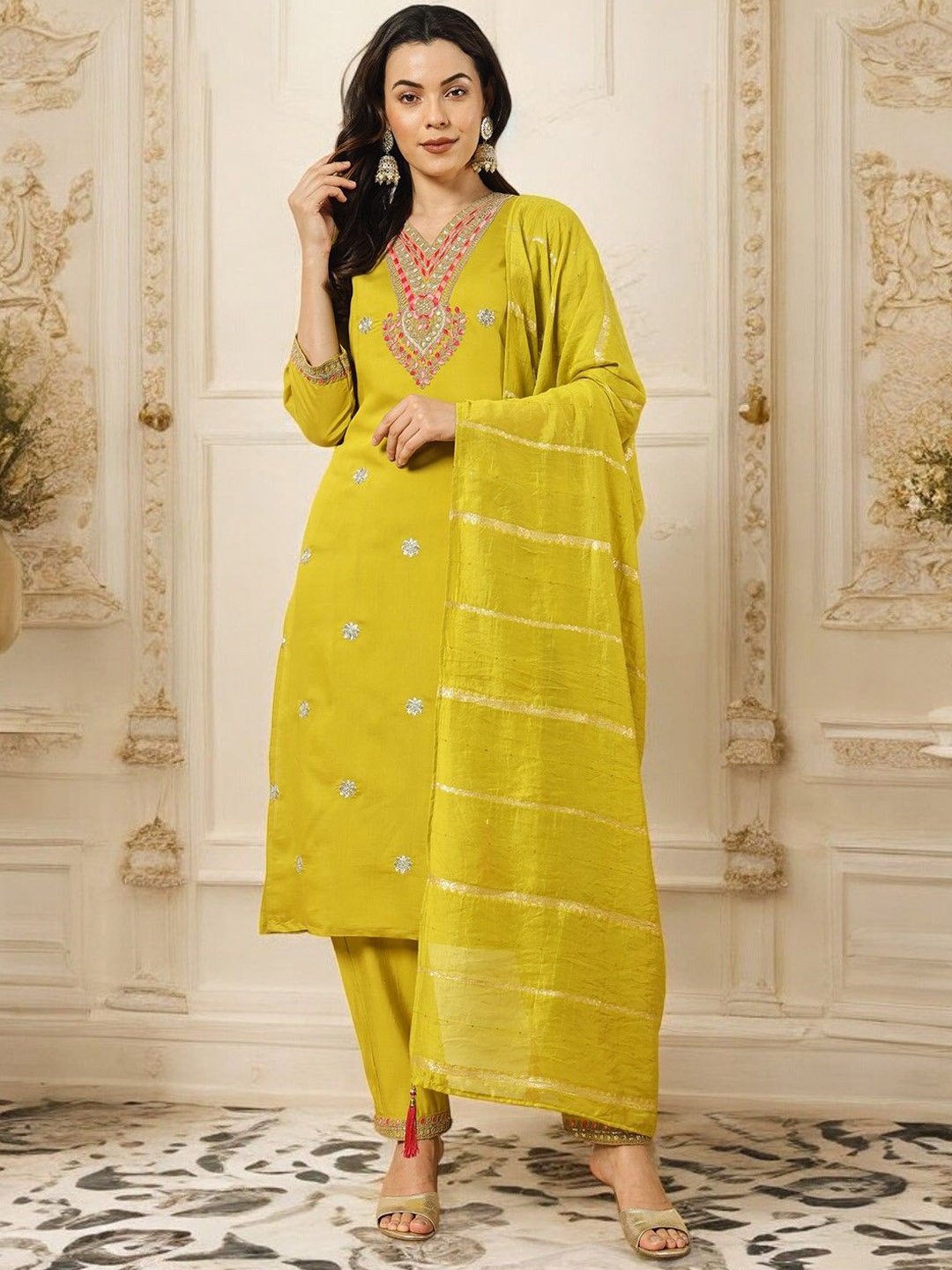 MORLY Floral Embroidered Raw Silk Straight Kurta with Trousers & Dupatta, Lime green
MORLY Floral Embroidered Raw Silk Straight Kurta with Trousers & Dupatta, Lime green