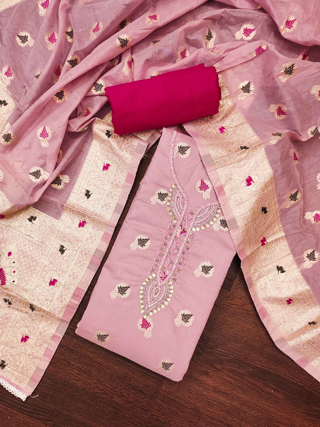 MAHALASA Ethnic Motifs Woven Design Beads and Stones Unstitched Dress Material, Pink
MAHALASA Ethnic Motifs Woven Design Beads and Stones Unstitched Dress Material, Pink