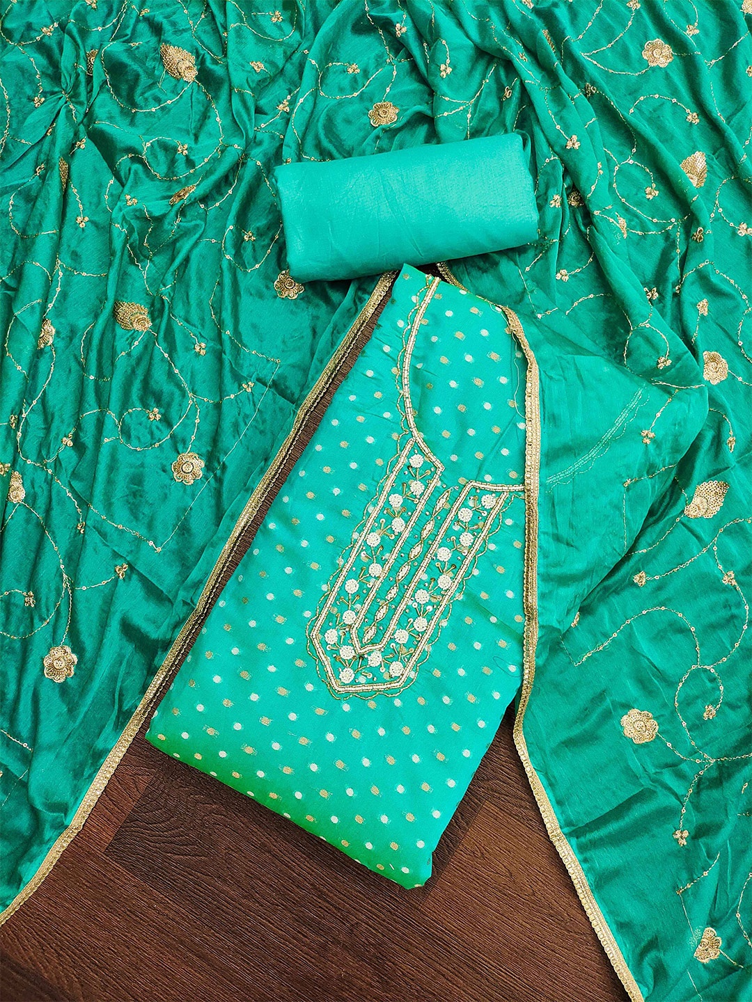 MAHALASA Floral Woven Design Beads and Stones Unstitched Dress Material, Turquoise blue
MAHALASA Floral Woven Design Beads and Stones Unstitched Dress Material, Turquoise blue