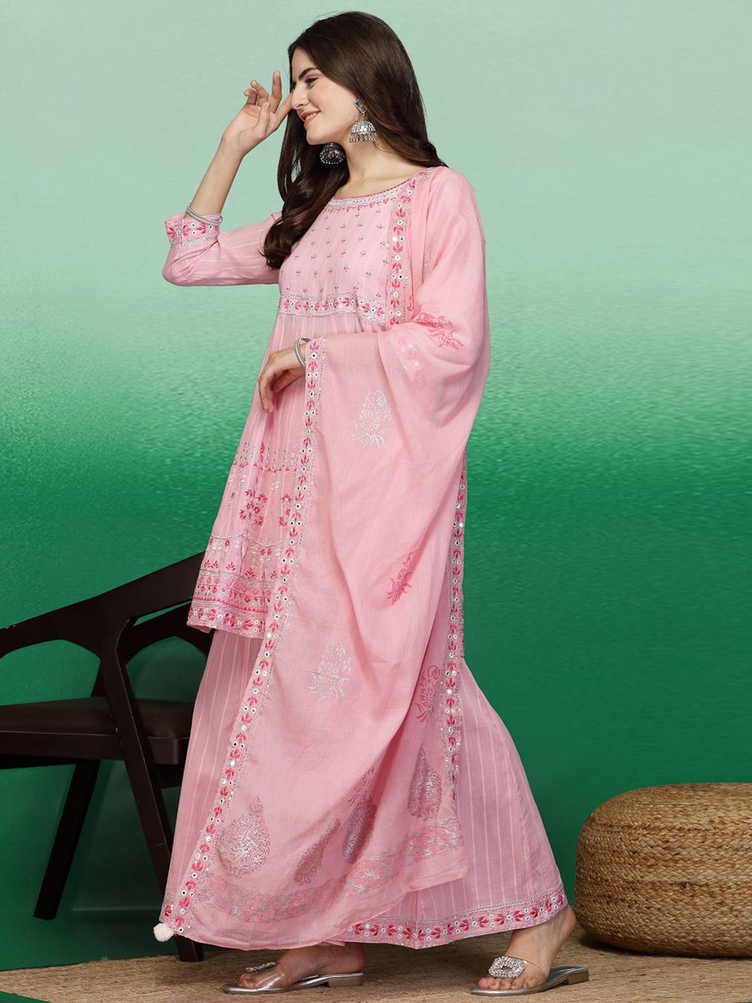 Ramas Floral Embroidered Regular Mirror Work Pure Cotton Kurta with Sharara & Dupatta, Pink
Ramas Floral Embroidered Regular Mirror Work Pure Cotton Kurta with Sharara & Dupatta, Pink