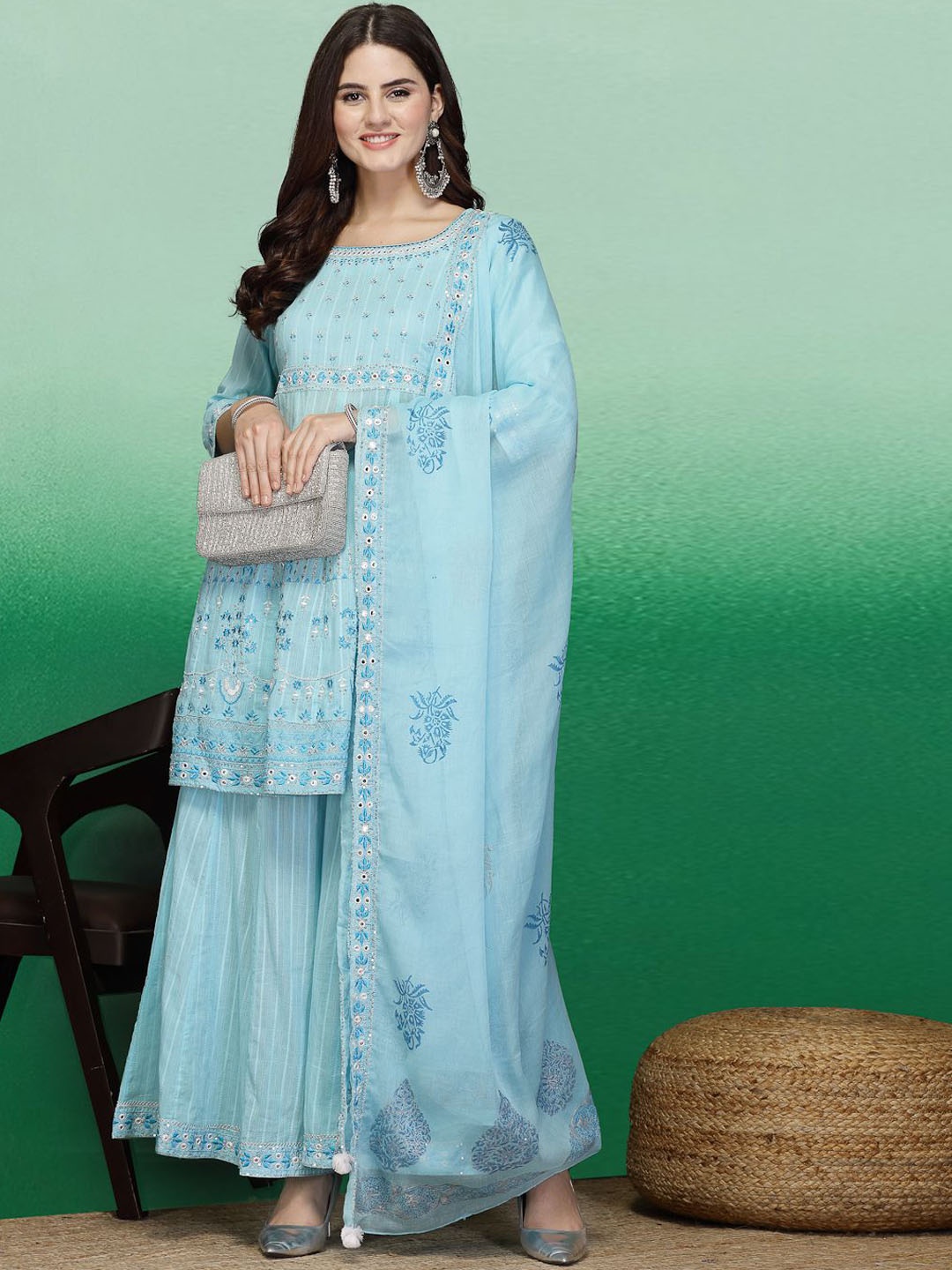 Ramas Floral Embroidered Regular Mirror Work Pure Cotton Kurta with Sharara & Dupatta, Turquoise blue
Ramas Floral Embroidered Regular Mirror Work Pure Cotton Kurta with Sharara & Dupatta, Turquoise blue