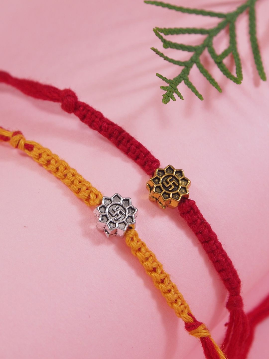 I Jewels Set Of 2 Swastik Om Thread Rakhis With Roli Chawal & Rakshabandhan Card, Red
I Jewels Set Of 2 Swastik Om Thread Rakhis With Roli Chawal & Rakshabandhan Card, Red