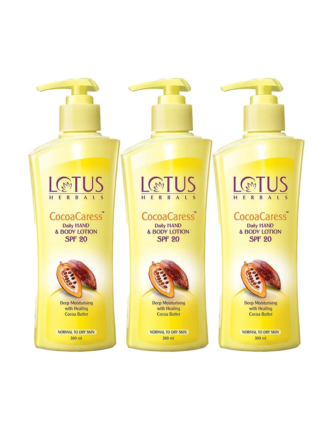 Lotus Herbals CocoaCaress Set Of 3 Daily Hand & Body Lotion SPF 20- 300ml Each, Yellow
Lotus Herbals CocoaCaress Set Of 3 Daily Hand & Body Lotion SPF 20- 300ml Each, Yellow