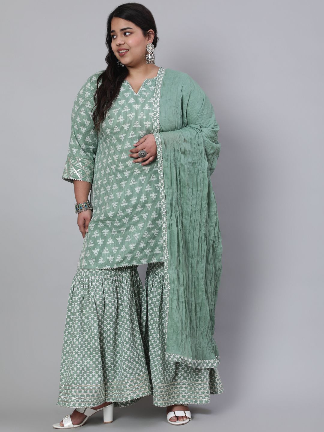 Jaipur Kurti Plus Size Printed Pure Cotton Straight Kurti With Sharara & Dupatta, Green
Jaipur Kurti Plus Size Printed Pure Cotton Straight Kurti With Sharara & Dupatta, Green