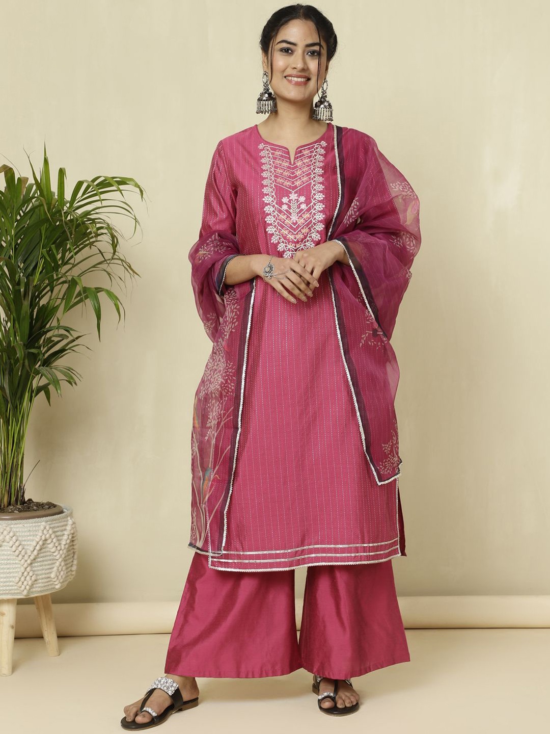 Jaipur Kurti Striped Thread Work Chanderi Cotton Straight Kurta With Palazzos & Dupatta, Pink
Jaipur Kurti Striped Thread Work Chanderi Cotton Straight Kurta With Palazzos & Dupatta, Pink