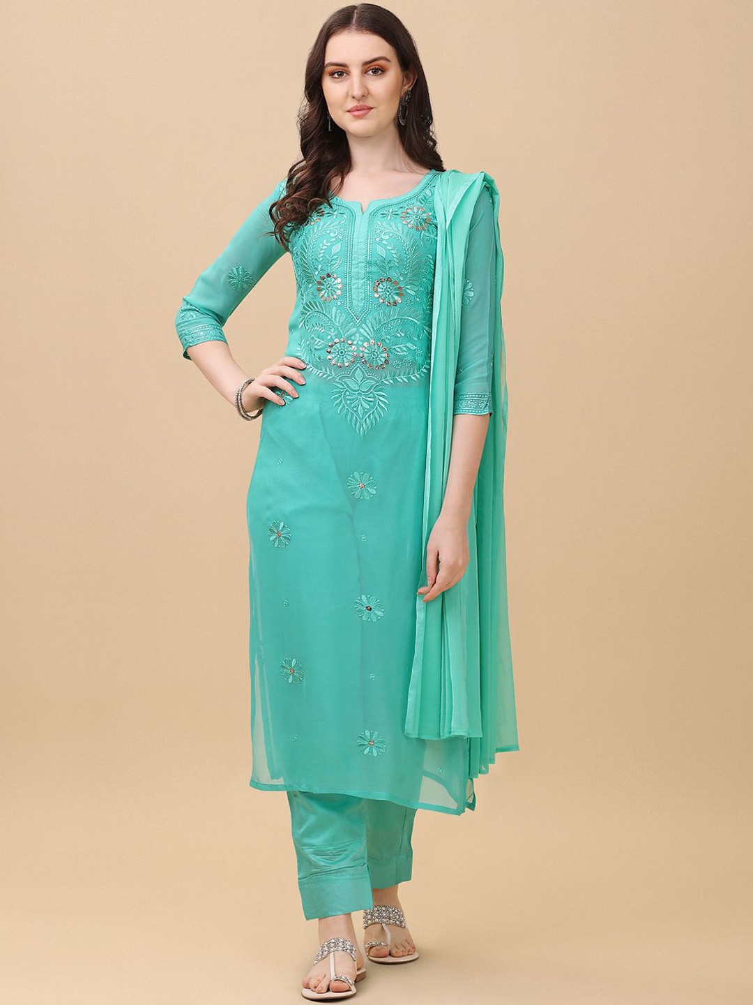 KALINI Ethnic Motifs Embroidered Silk Georgette Straight Kurta With Trousers & Dupatta, Sea green
KALINI Ethnic Motifs Embroidered Silk Georgette Straight Kurta With Trousers & Dupatta, Sea green