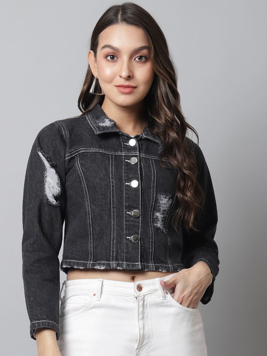 River Of Design Jeans Women Geometric Checked Lightweight Crop Denim Jacket with Patchwork, Charcoal
River Of Design Jeans Women Geometric Checked Lightweight Crop Denim Jacket with Patchwork, Charcoal