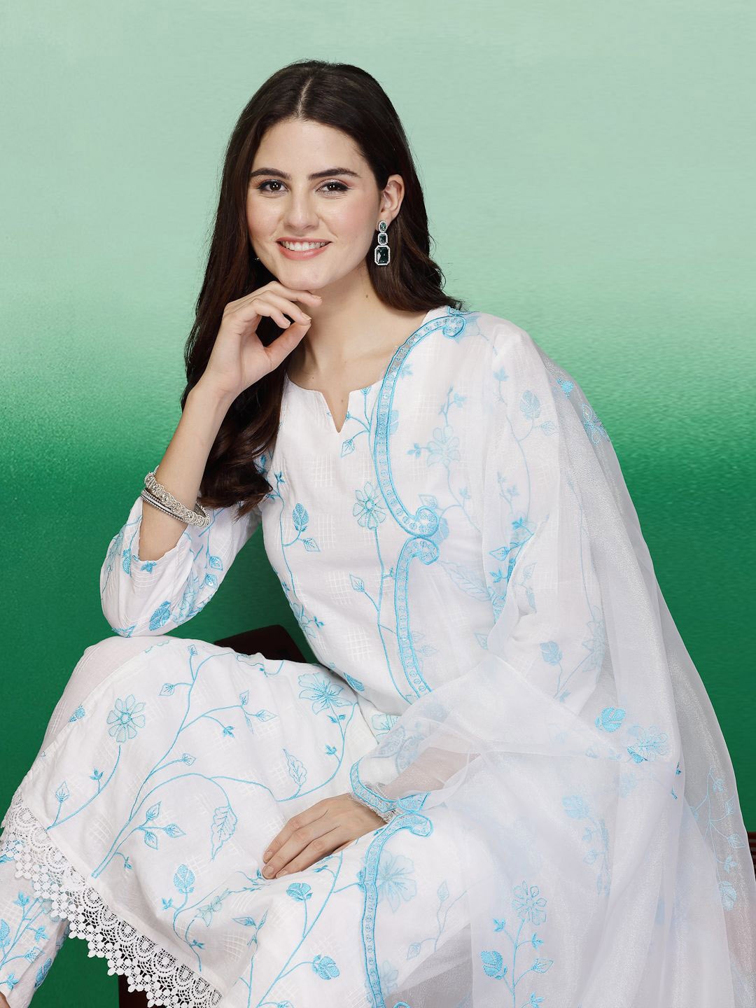 Sangria Notch Neck Embroidered Pure Cotton Straight Kurta With Trouser & Dupatta Set, White
Sangria Notch Neck Embroidered Pure Cotton Straight Kurta With Trouser & Dupatta Set, White