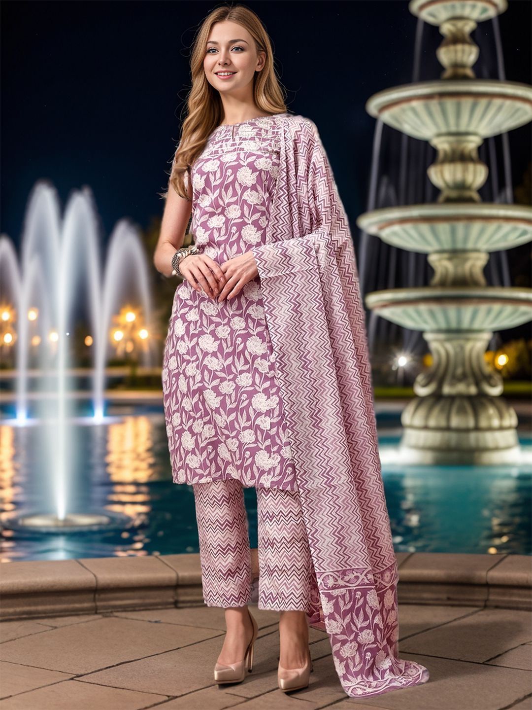 KALINI Floral Printed Keyhole Neck Pure Cotton Kurta With Trousers & Dupatta, Purple
KALINI Floral Printed Keyhole Neck Pure Cotton Kurta With Trousers & Dupatta, Purple