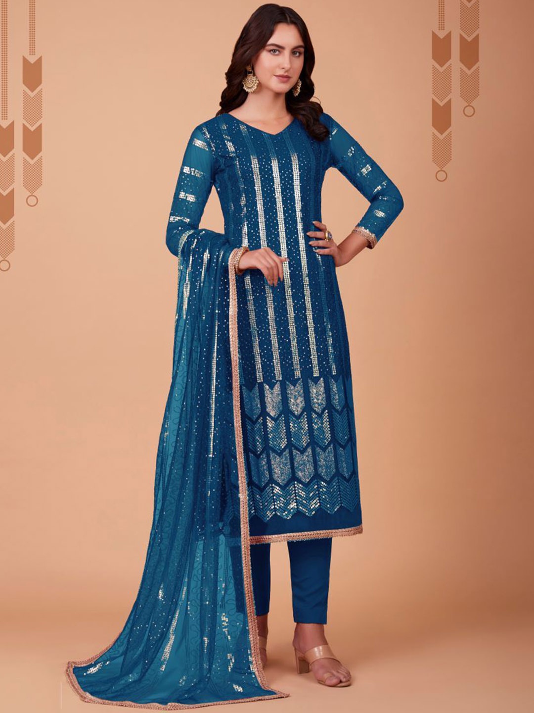 KALINI Floral Embroidered V-Neck Sequinned Straight Kurta With Salwar & Dupatta, Blue
KALINI Floral Embroidered V-Neck Sequinned Straight Kurta With Salwar & Dupatta, Blue