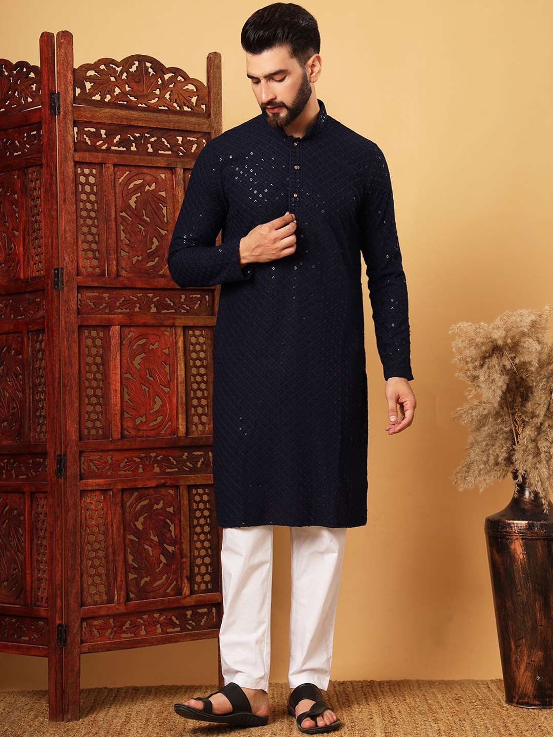 House of Pataudi Geometric Embroidered Mandarin Collar Sequinned Straight Kurta, Navy blue
House of Pataudi Geometric Embroidered Mandarin Collar Sequinned Straight Kurta, Navy blue