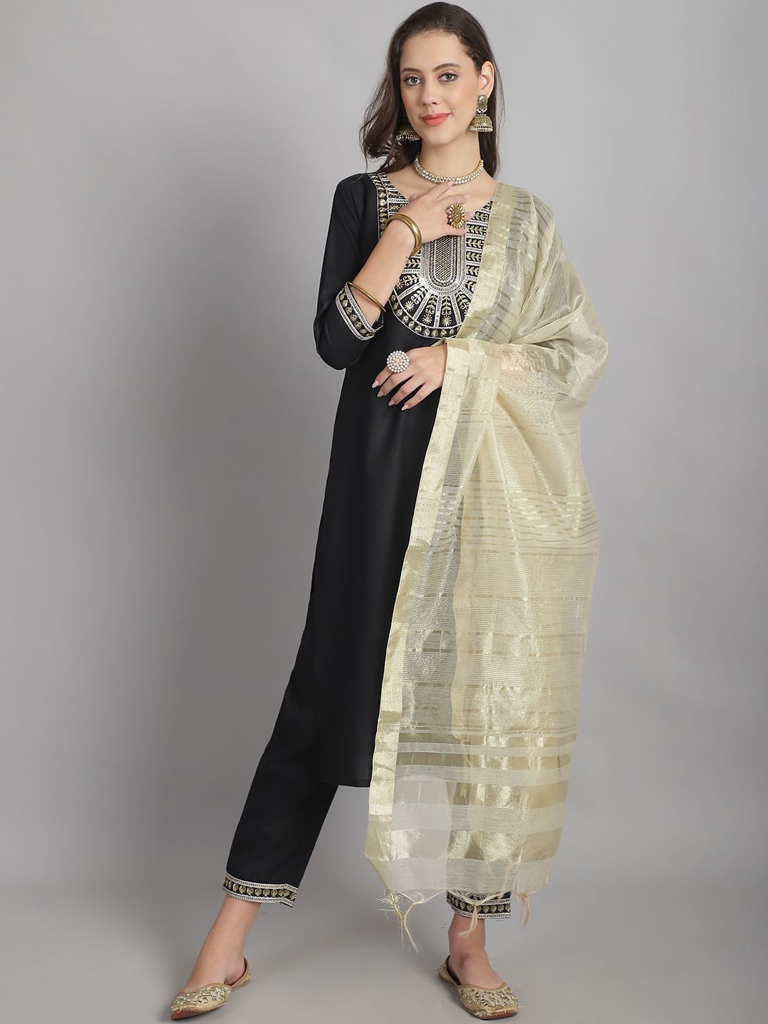 KALINI Ethnic Motifs Yoke Design Thread Work Straight Kurta With Trousers & Dupatta, Black
KALINI Ethnic Motifs Yoke Design Thread Work Straight Kurta With Trousers & Dupatta, Black