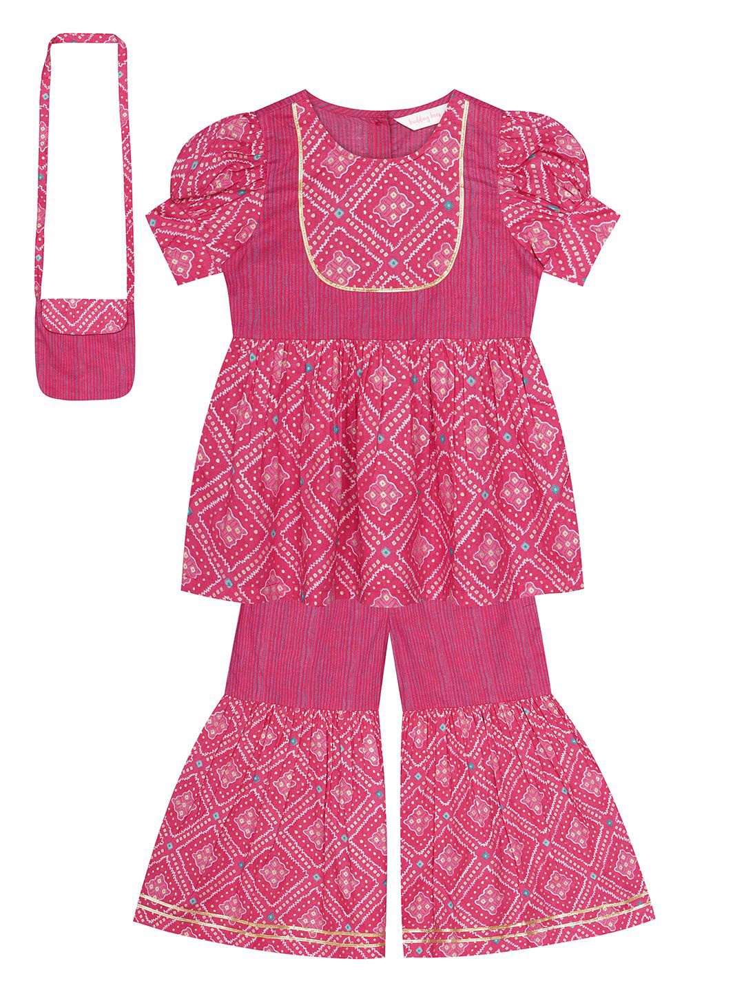 Budding Bees Girls Bandhani Printed Gotta Patti Cotton Kurta & Sharara & Matching Bag, Pink
Budding Bees Girls Bandhani Printed Gotta Patti Cotton Kurta & Sharara & Matching Bag, Pink