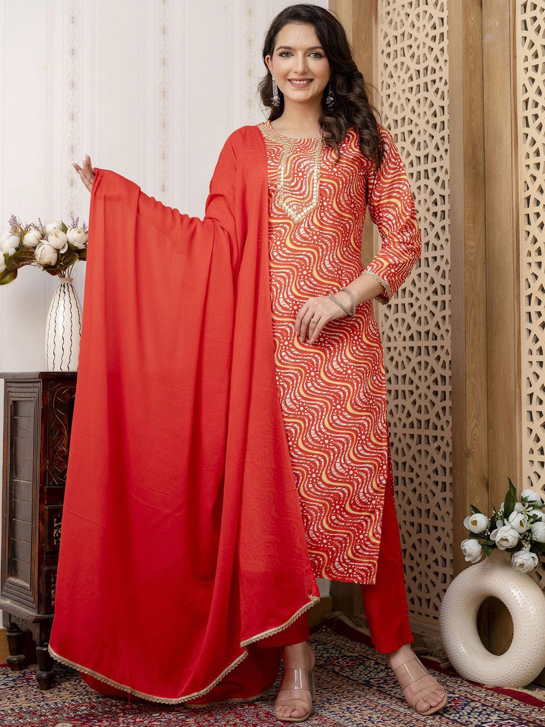 KALINI Floral Embroidered Mirror Work Pure Cotton Kurta With Trousers & Dupatta, Orange
KALINI Floral Embroidered Mirror Work Pure Cotton Kurta With Trousers & Dupatta, Orange