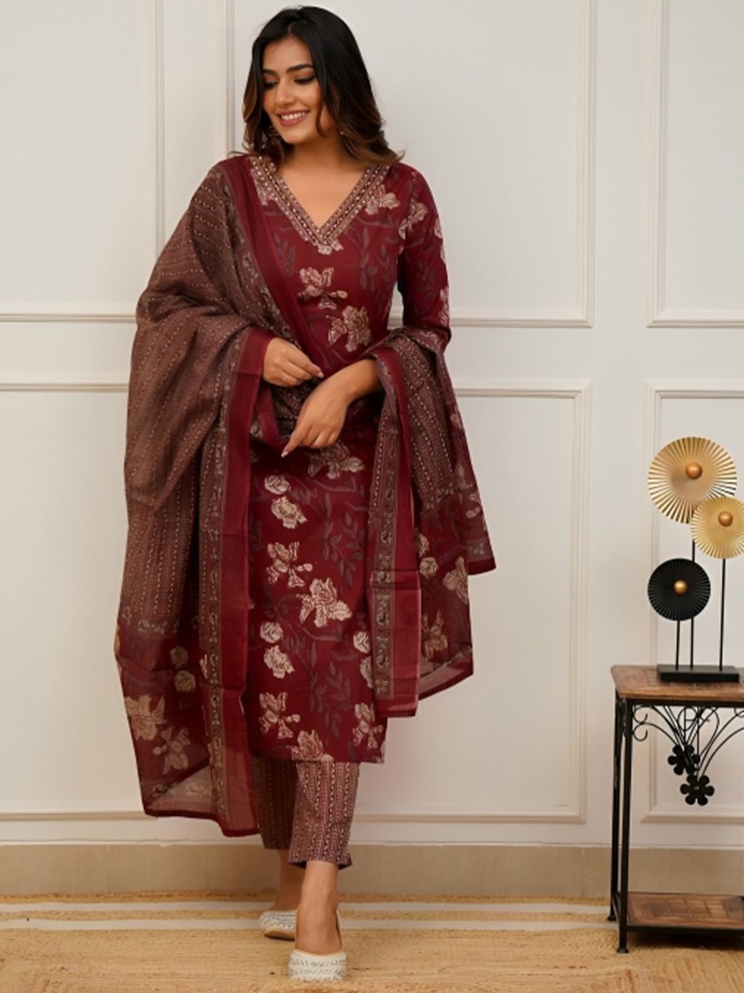 KALINI Floral Printed V-Neck Pure Cotton Straight Kurta With Trousers & Dupatta, Maroon
KALINI Floral Printed V-Neck Pure Cotton Straight Kurta With Trousers & Dupatta, Maroon