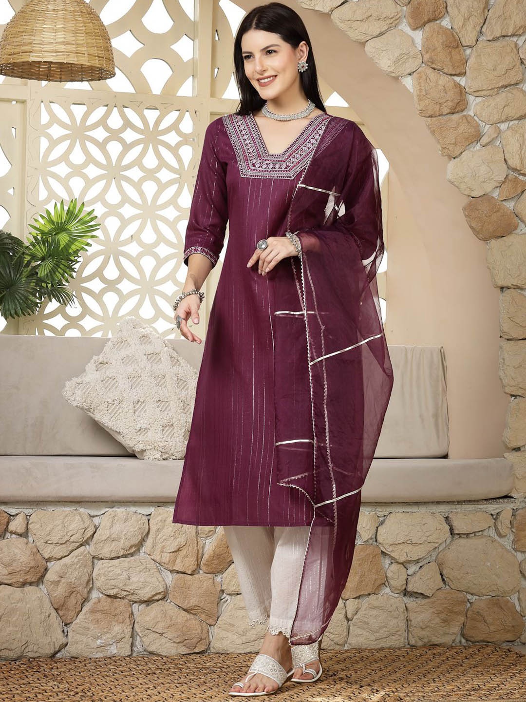Stylum Purple & Silver Toned Striped Embroidered Straight Kurta & Trousers With Dupatta
Stylum Purple & Silver Toned Striped Embroidered Straight Kurta & Trousers With Dupatta