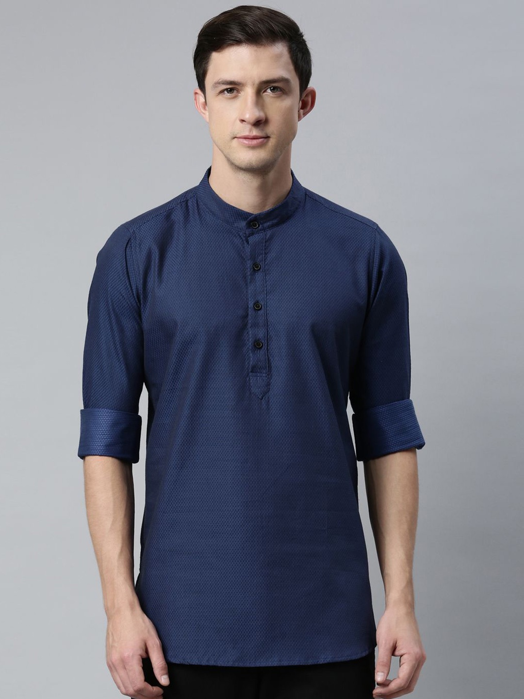 Cross Court Geometric Woven Design Mandarin Collar Cotton Short Straight Kurta, Navy blue
Cross Court Geometric Woven Design Mandarin Collar Cotton Short Straight Kurta, Navy blue