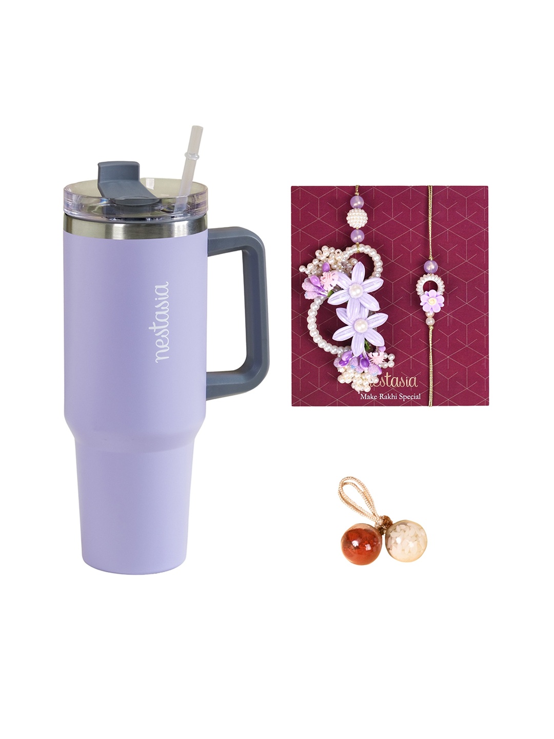 Nestasia Set Of 3 Stone Studded & Beaded Rakhis With Tumbler & Card with Roli Chawal, Purple
Nestasia Set Of 3 Stone Studded & Beaded Rakhis With Tumbler & Card with Roli Chawal, Purple