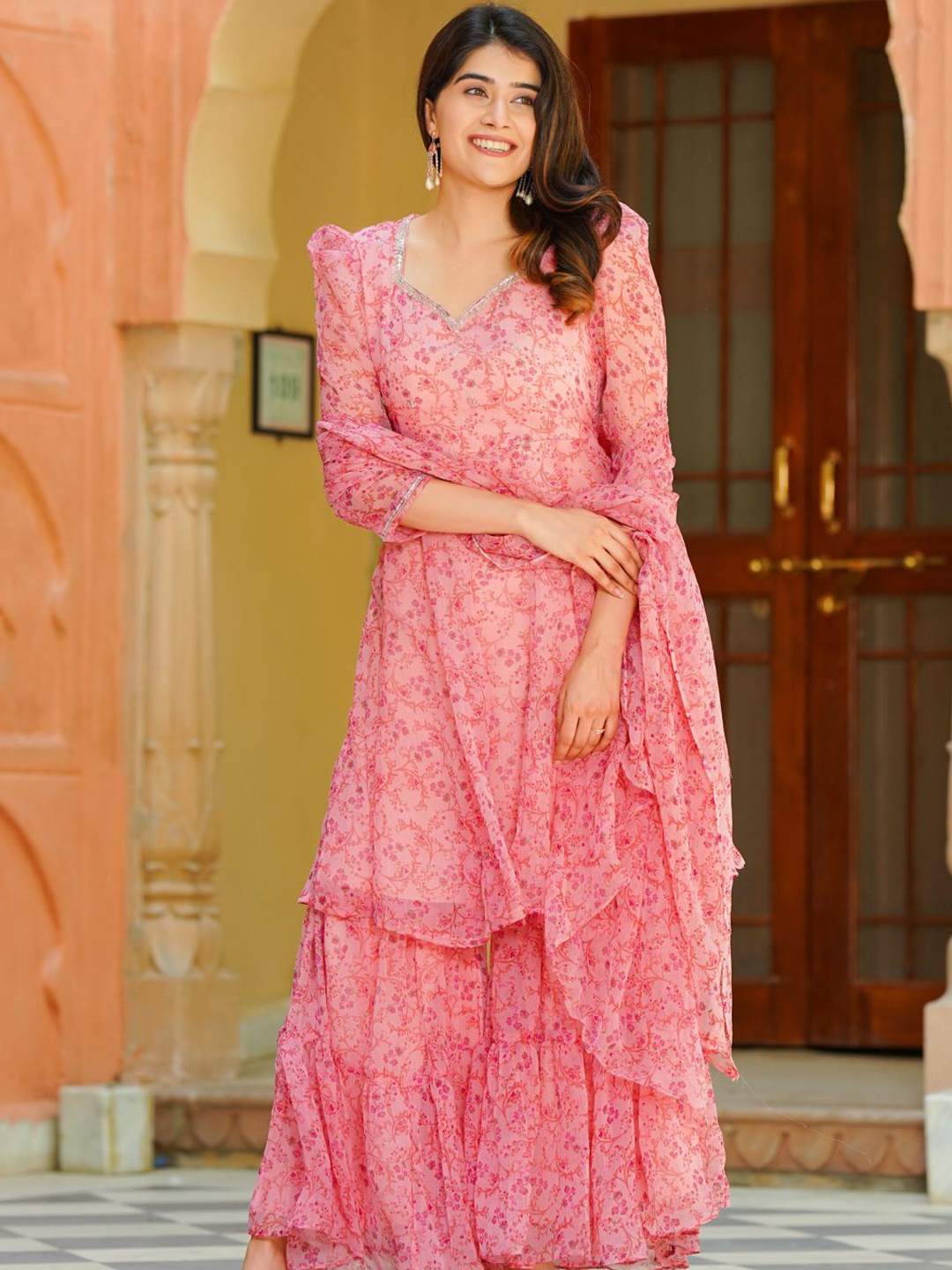Ambraee Floral Printed A-Line Silk Chiffon Kurta with Sharara & With Dupatta, Pink
Ambraee Floral Printed A-Line Silk Chiffon Kurta with Sharara & With Dupatta, Pink