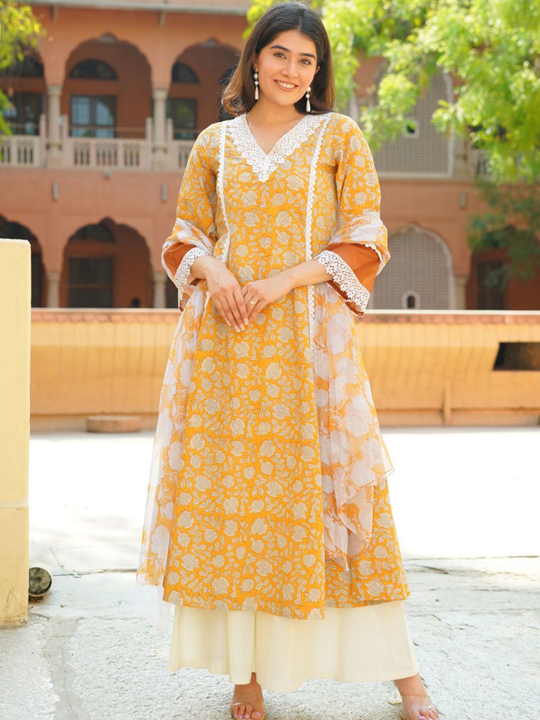Ambraee Floral Printed Thread Work Pure Cotton Kurta with Palazzos & Dupatta, Mustard
Ambraee Floral Printed Thread Work Pure Cotton Kurta with Palazzos & Dupatta, Mustard