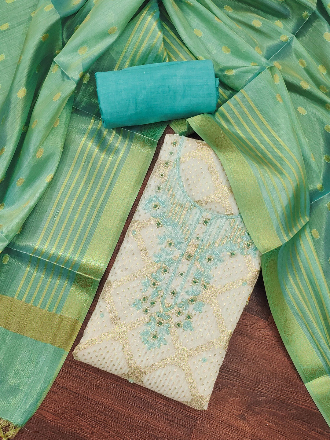 MANVAA Ethnic Motifs Woven Design Beads and Stones Banarasi Unstitched Dress Material, White
MANVAA Ethnic Motifs Woven Design Beads and Stones Banarasi Unstitched Dress Material, White