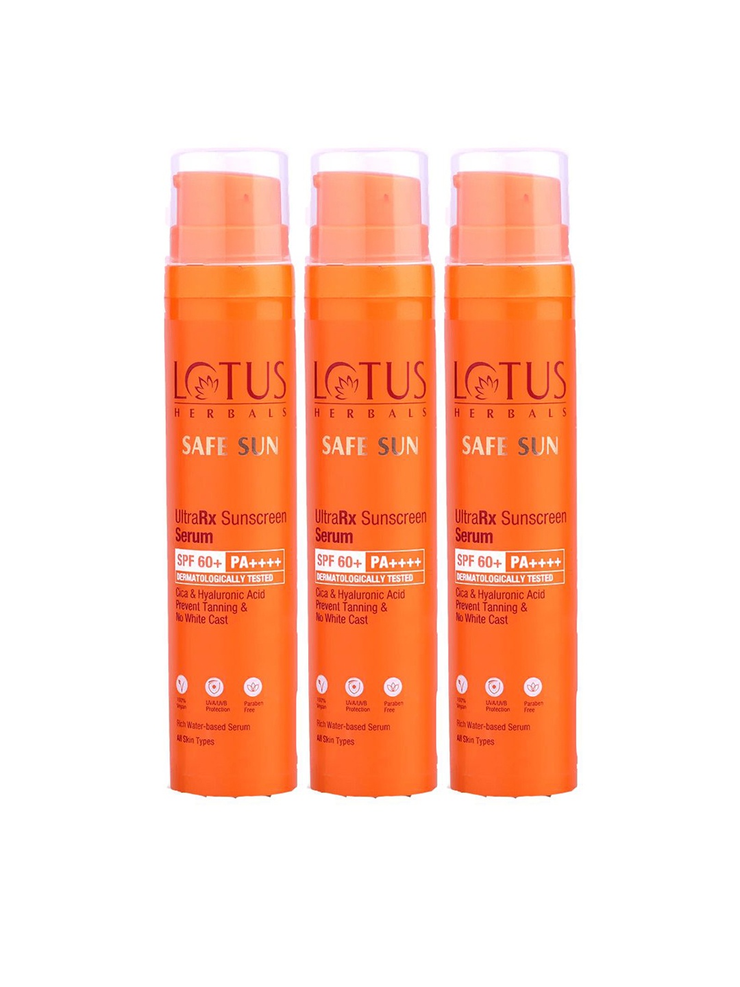 Lotus Herbals Safe Sun Set of 3 UltraRX SPF 60+ Sunscreen Serum with Cica - 75 g each, Orange
Lotus Herbals Safe Sun Set of 3 UltraRX SPF 60+ Sunscreen Serum with Cica - 75 g each, Orange