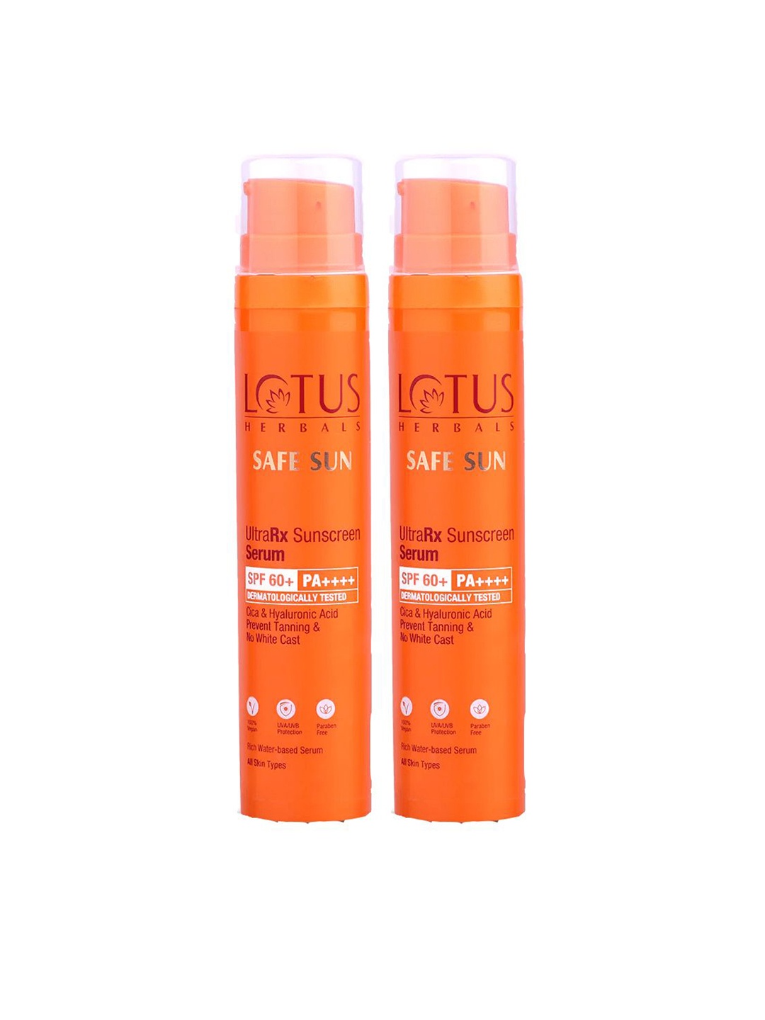 Lotus Herbals Safe Sun Set of 2 UltraRX SPF 60+ Sunscreen Serum with Cica - 75 g each, Orange
Lotus Herbals Safe Sun Set of 2 UltraRX SPF 60+ Sunscreen Serum with Cica - 75 g each, Orange