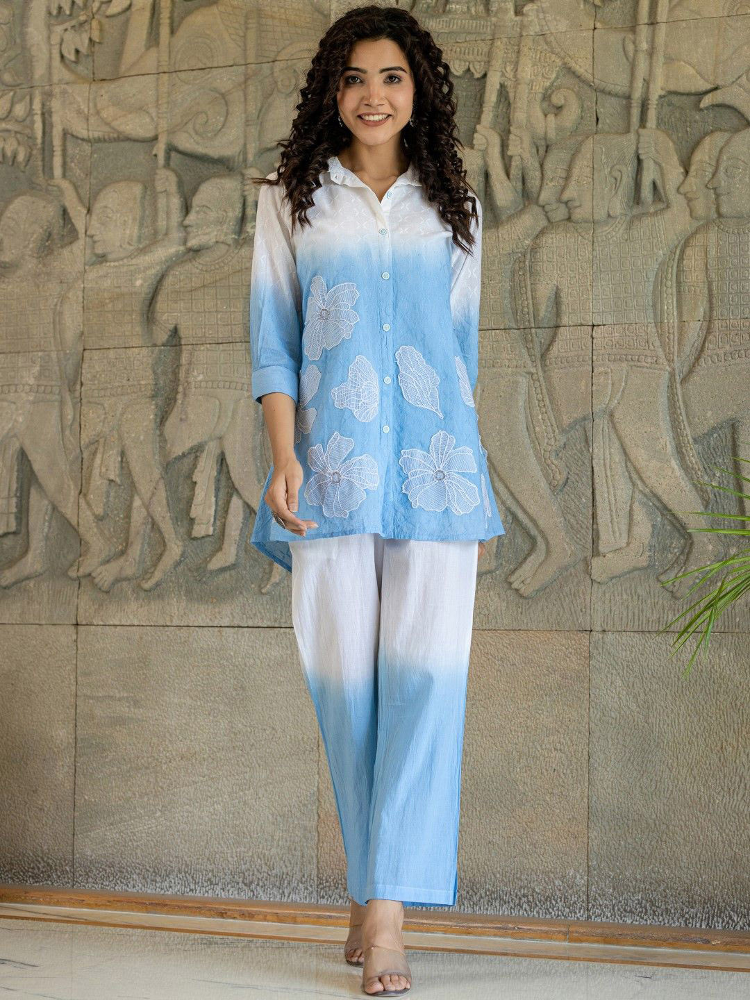 AUTUMN LANE TERESA SEA Embroidered Pure Cotton Shirt & Trousers, Blue 
AUTUMN LANE TERESA SEA Embroidered Pure Cotton Shirt & Trousers, Blue