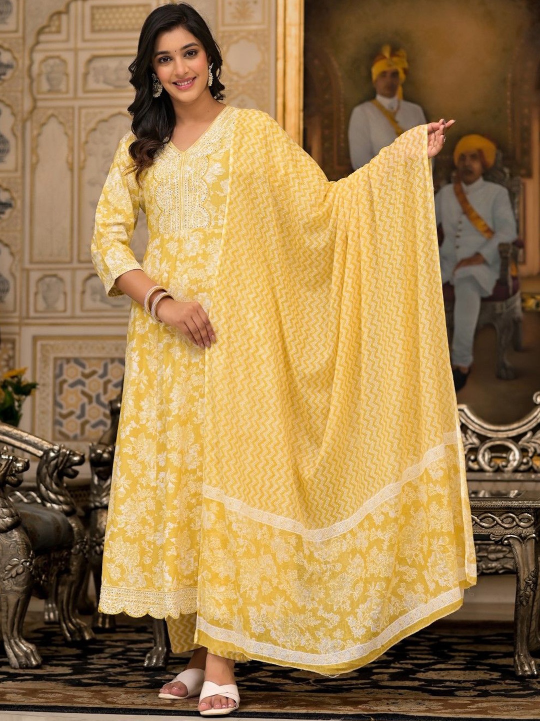 Juniper Floral Printed V-Neck Sequinned Liva Anarkali Kurta With Palazzos & Dupatta, Yellow
Juniper Floral Printed V-Neck Sequinned Liva Anarkali Kurta With Palazzos & Dupatta, Yellow