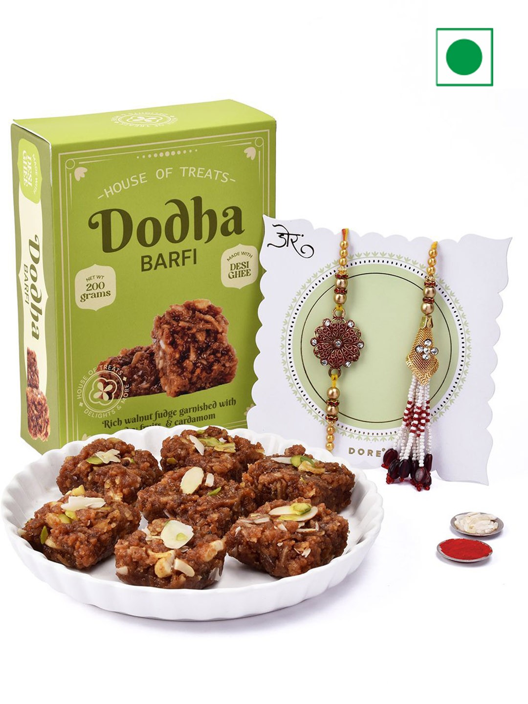 Hyperfoods Sweet Treat Set Of 2 Bhaiya Bhabhi Rakhi With Dodha Barfi Sweet Gifts, Green
Hyperfoods Sweet Treat Set Of 2 Bhaiya Bhabhi Rakhi With Dodha Barfi Sweet Gifts, Green