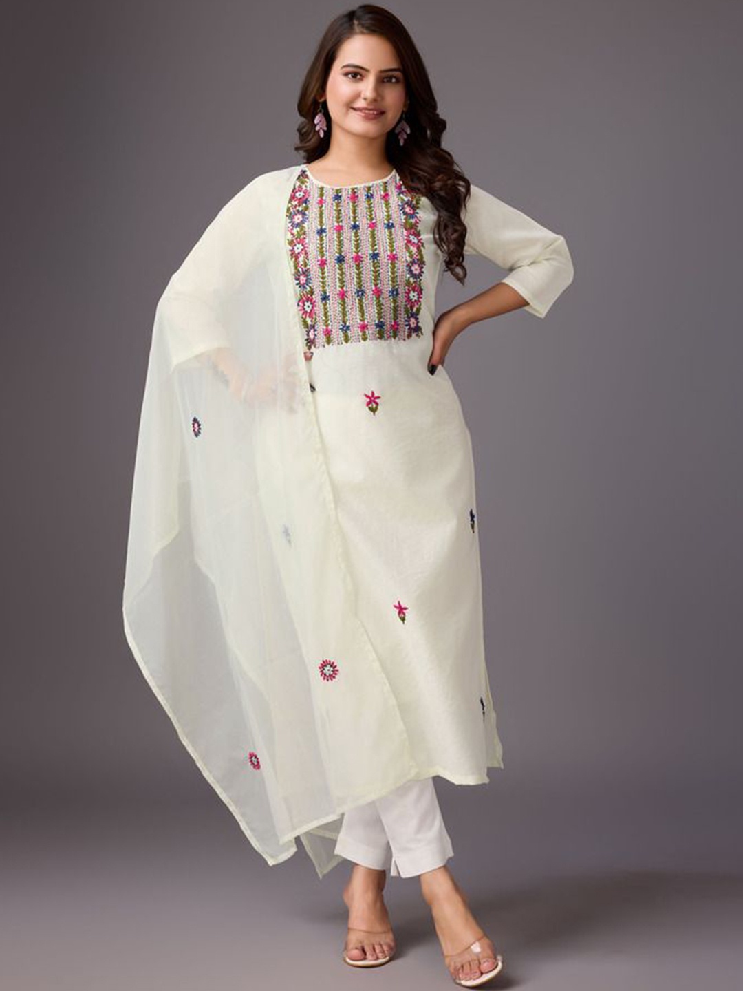 ADITI ATTIRES Pure Elegance Floral Embroidered Cotton Silk Straight Kurta With Dupatta, White
ADITI ATTIRES Pure Elegance Floral Embroidered Cotton Silk Straight Kurta With Dupatta, White