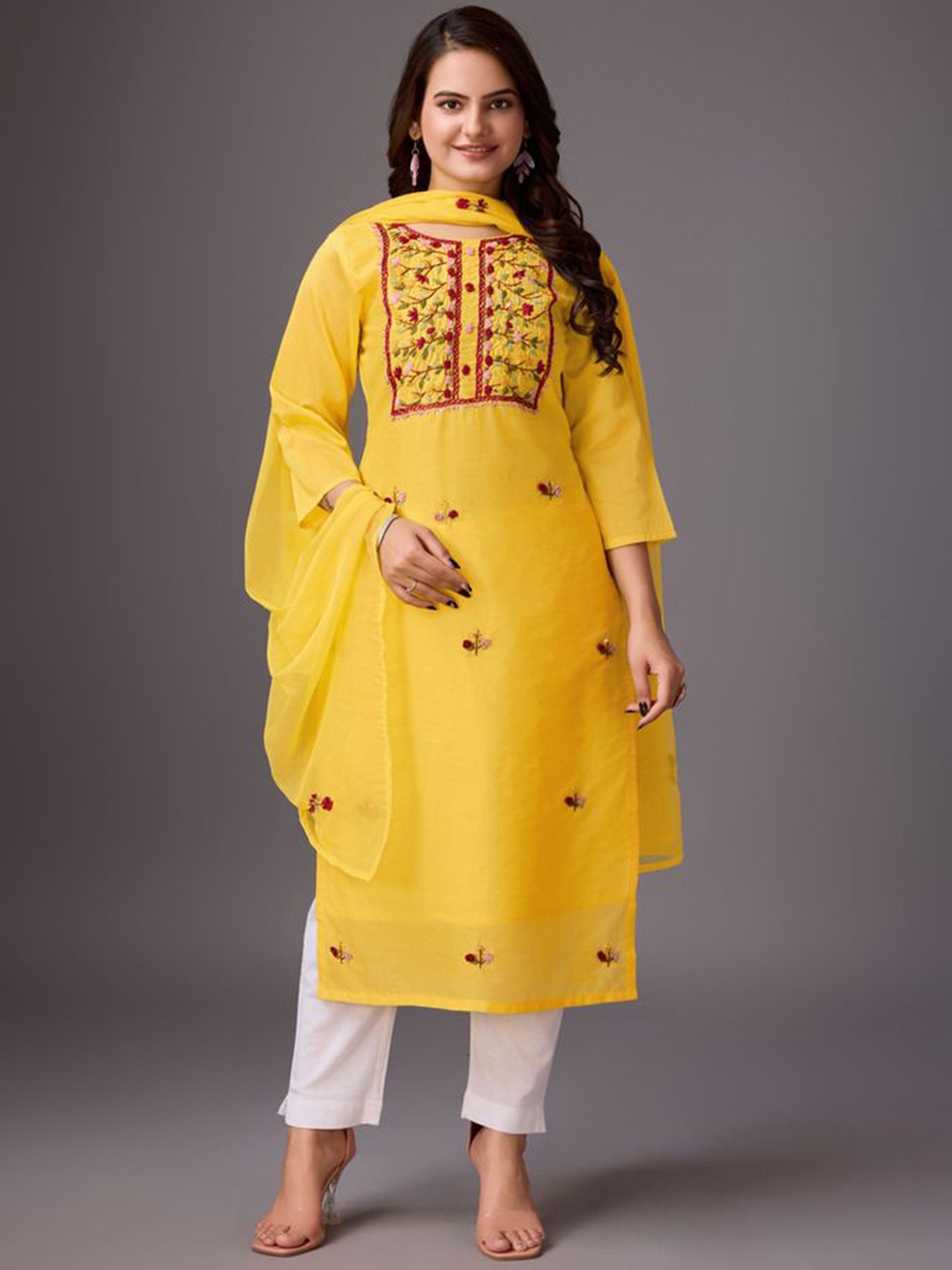 ADITI ATTIRES Golden Blossom Floral Embroidered Cotton Silk Straight Kurta With Dupatta, Yellow
ADITI ATTIRES Golden Blossom Floral Embroidered Cotton Silk Straight Kurta With Dupatta, Yellow
