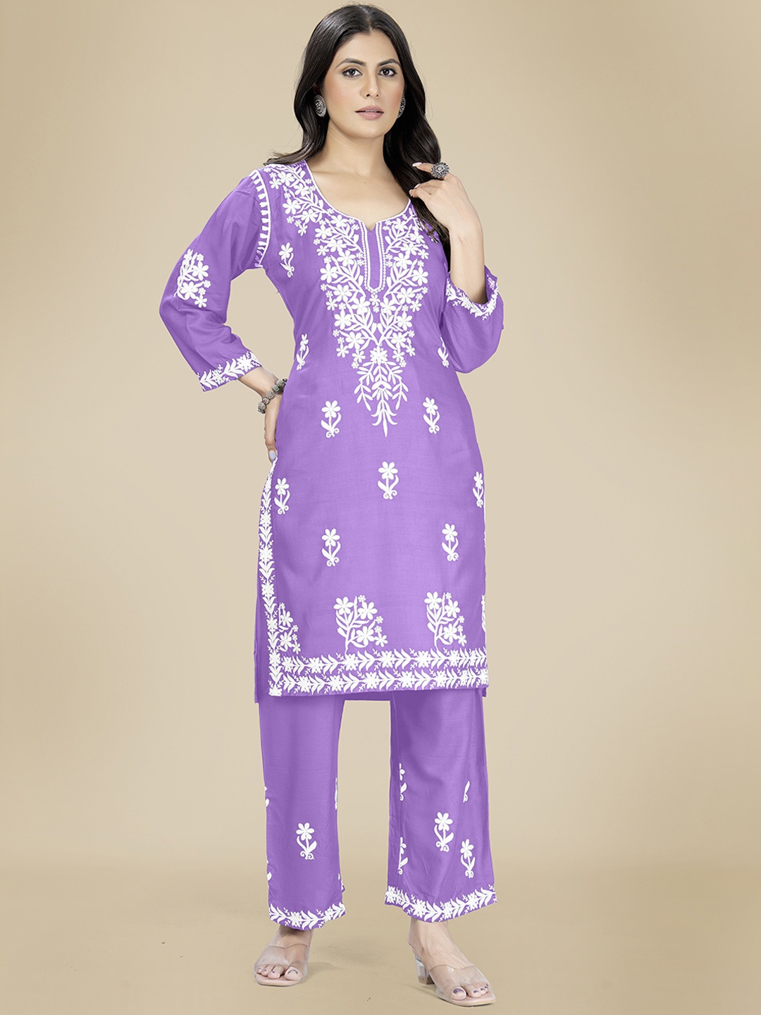 Rujave Floral Embroidered Notch Neck Thread Work Straight Kurta With Palazzos, Purple
Rujave Floral Embroidered Notch Neck Thread Work Straight Kurta With Palazzos, Purple