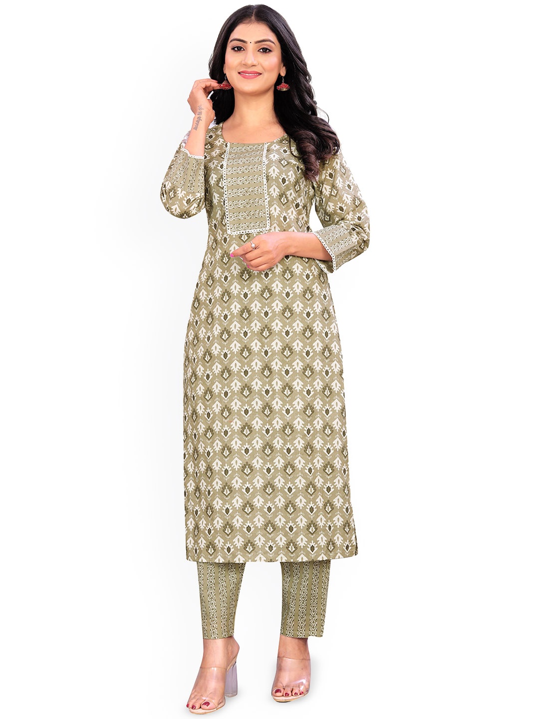VIRICA Ethnic Motifs Printed Round Neck Linen Cotton Straight Kurta With Trousers, Olive
VIRICA Ethnic Motifs Printed Round Neck Linen Cotton Straight Kurta With Trousers, Olive