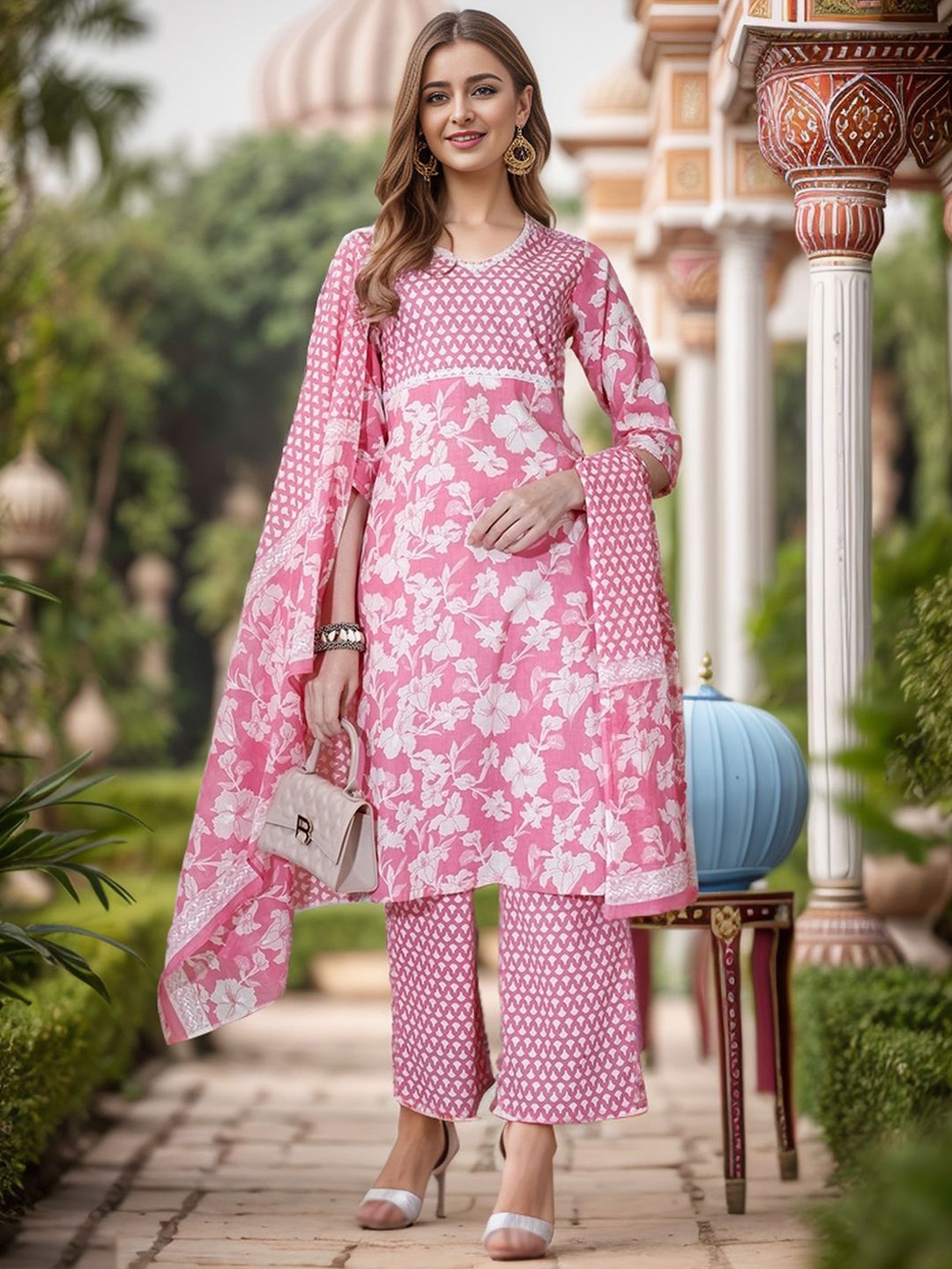 Ziva Fashion Floral Printed Lace Pure Cotton Regular Kurta with Trousers & Dupatta, Pink
Ziva Fashion Floral Printed Lace Pure Cotton Regular Kurta with Trousers & Dupatta, Pink