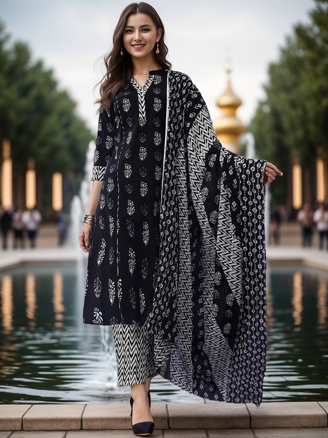 Ziva Fashion Floral Printed Mandarin Collar Pure Cotton Kurta with Trousers & Dupatta, Black
Ziva Fashion Floral Printed Mandarin Collar Pure Cotton Kurta with Trousers & Dupatta, Black