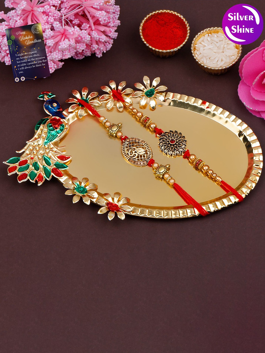 Silver Shine Set Of 4 Bhaiya Bhabhi Rakhi With Roli Chawal Greeting Card & Pooja Thali, Gold
Silver Shine Set Of 4 Bhaiya Bhabhi Rakhi With Roli Chawal Greeting Card & Pooja Thali, Gold