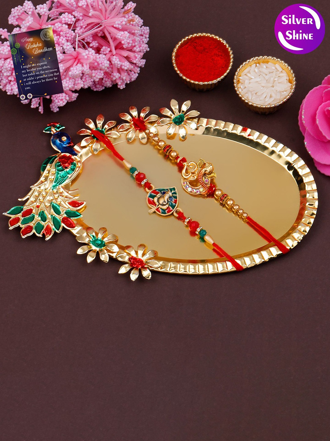 Silver Shine Set Of 4 Bhaiya Bhabhi Rakhi With Roli Chawal Greeting Card & Pooja Thali, Gold
Silver Shine Set Of 4 Bhaiya Bhabhi Rakhi With Roli Chawal Greeting Card & Pooja Thali, Gold