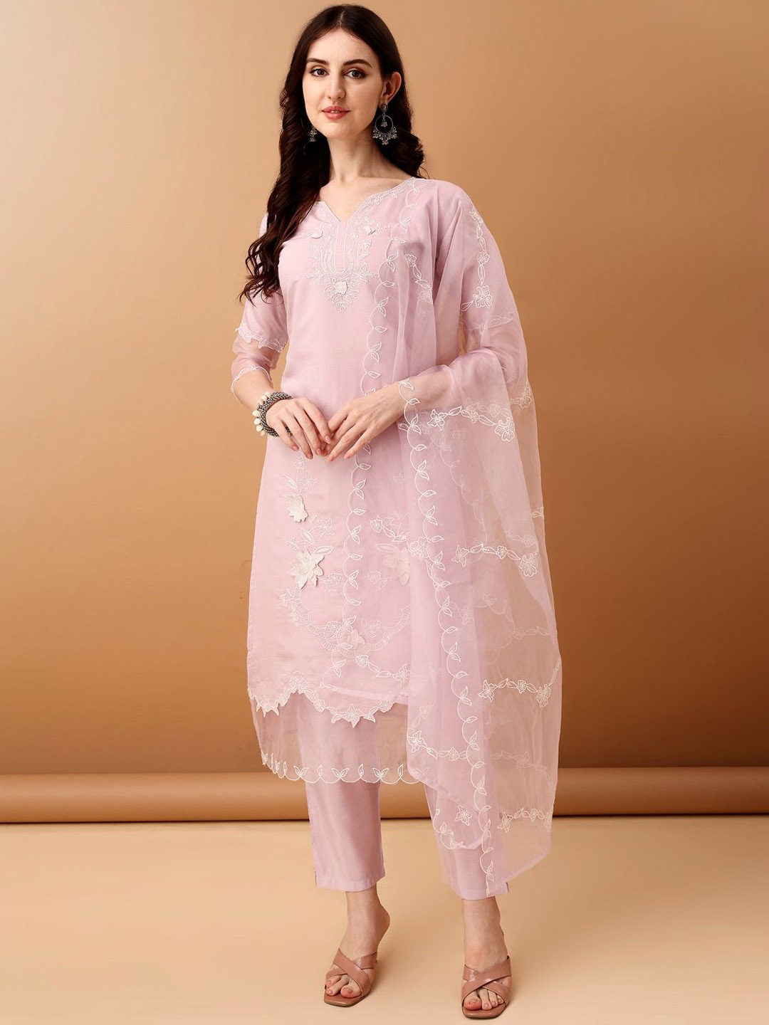 KALINI Floral Embroidered Chanderi Cotton Straight Kurta With Trousers & Dupatta, Pink
KALINI Floral Embroidered Chanderi Cotton Straight Kurta With Trousers & Dupatta, Pink