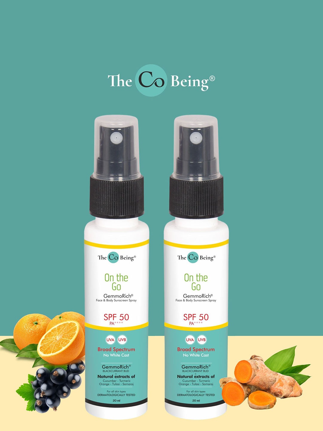 The Co Being Set of 2 On The Go GermoRich SPF50 Sunscreen Spray with Turmeric - 20 ml each, White
The Co Being Set of 2 On The Go GermoRich SPF50 Sunscreen Spray with Turmeric - 20 ml each, White