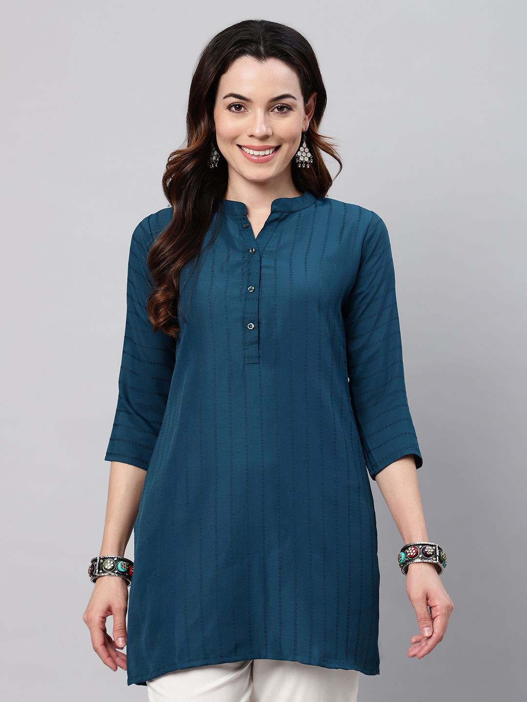 FLAMBOYANT Women Mandarin Collar Shirt Style Top, Teal 
FLAMBOYANT Women Mandarin Collar Shirt Style Top, Teal