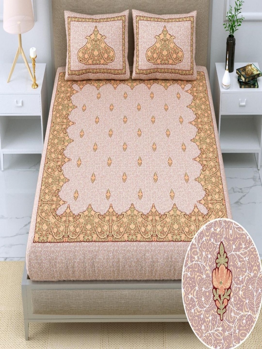 Qfab Beige & Pink Printed 350 TC Cotton Super King Bedsheet with 2 Pillow Covers
Qfab Beige & Pink Printed 350 TC Cotton Super King Bedsheet with 2 Pillow Covers
